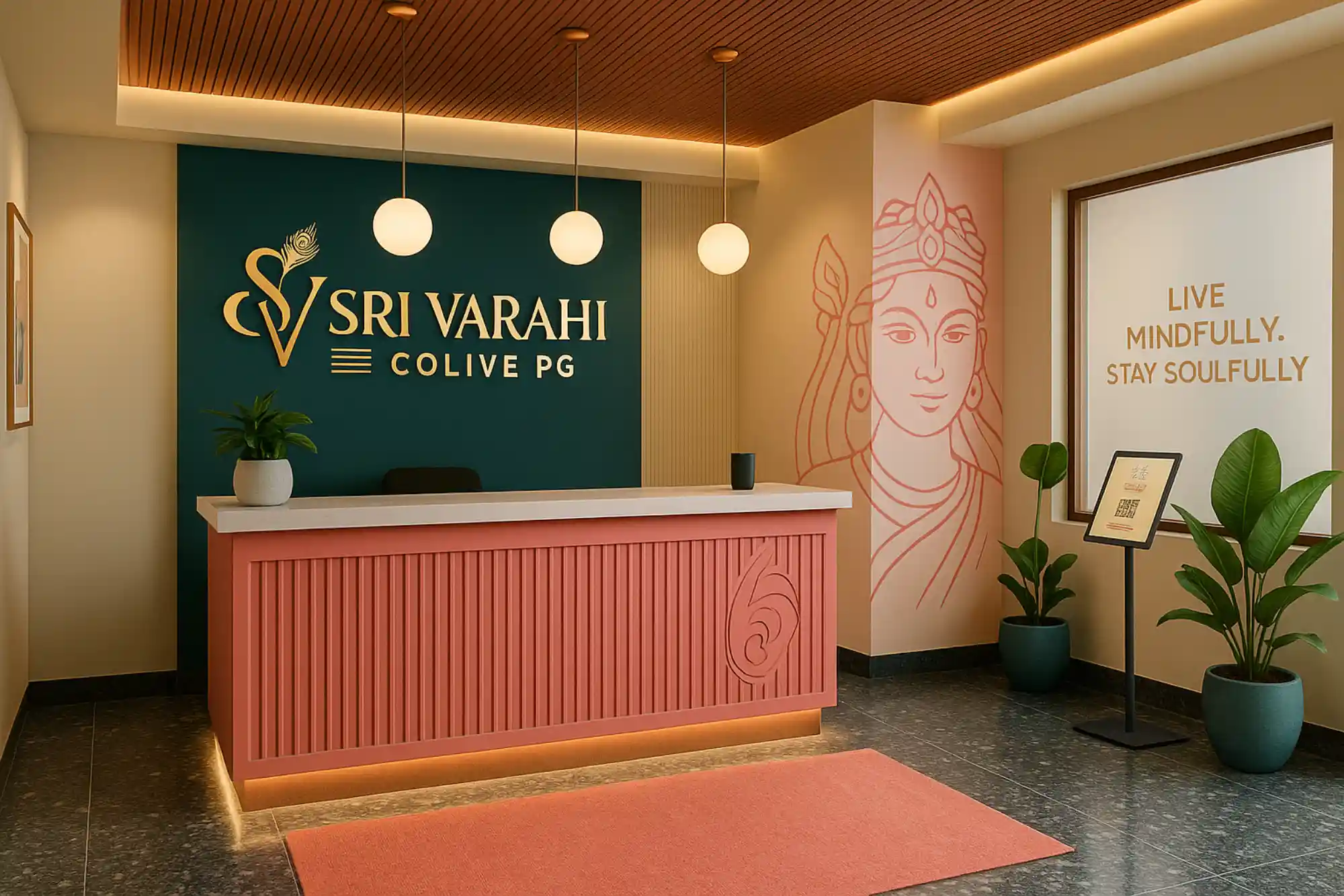 Reception area of Sri Varahi Colive PG in Bangalore with modern interiors, welcoming design, and soulful ambiance for residents