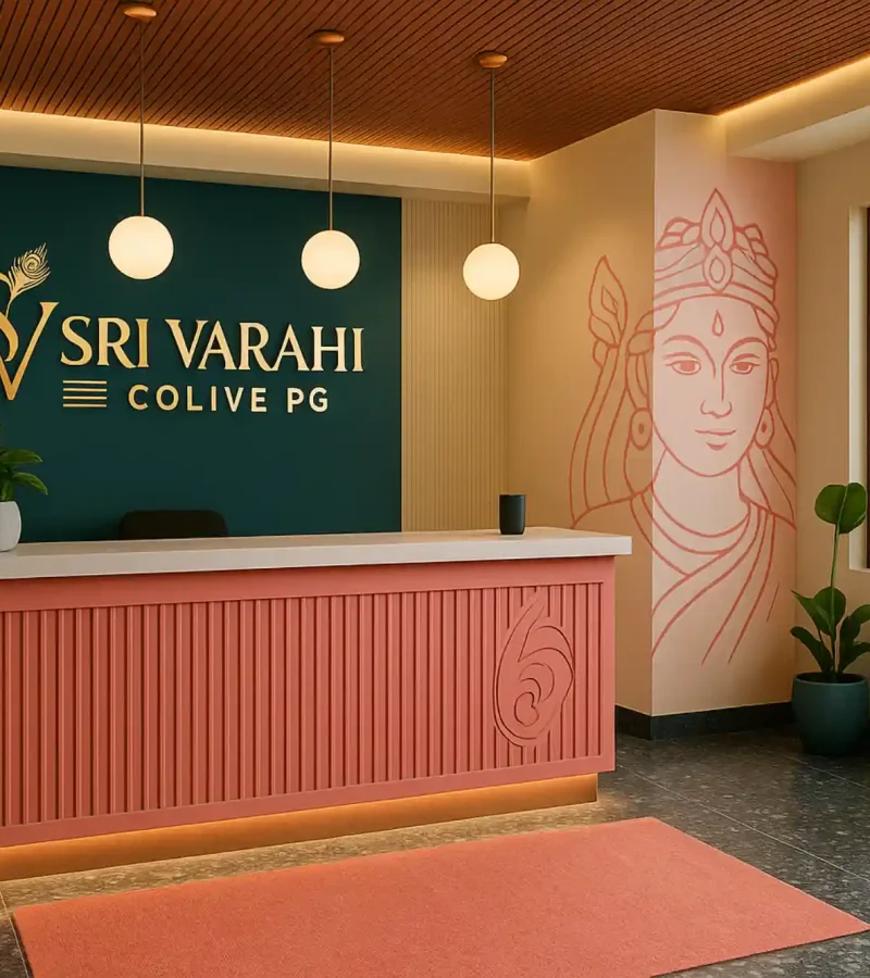 Reception area of Sri Varahi Colive PG in Bangalore with modern interiors, welcoming design, and soulful ambiance for residents